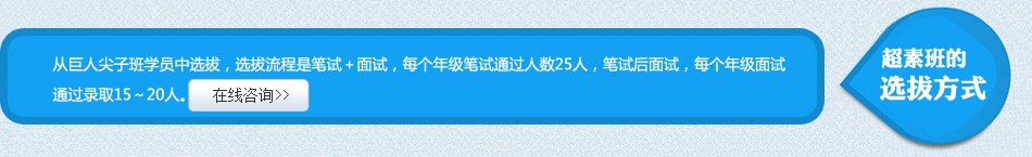 从巨人尖子班学员中选拔,选拔流程是笔试+面试,每个年级笔试通过人数25人,笔试后面试,每个年级面试通过录取15~20人。